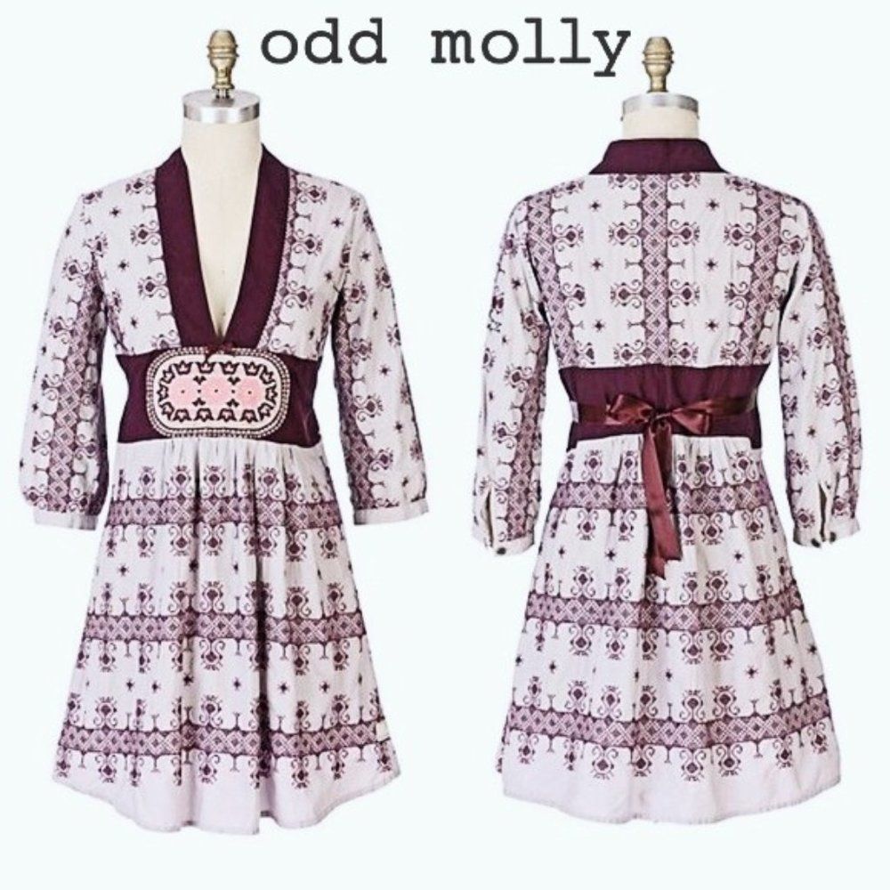 Odd Molly Cotton Four Continents Tunic Dress Plum Embroidered Knee Length Sz 1/S - Picture 2 of 15